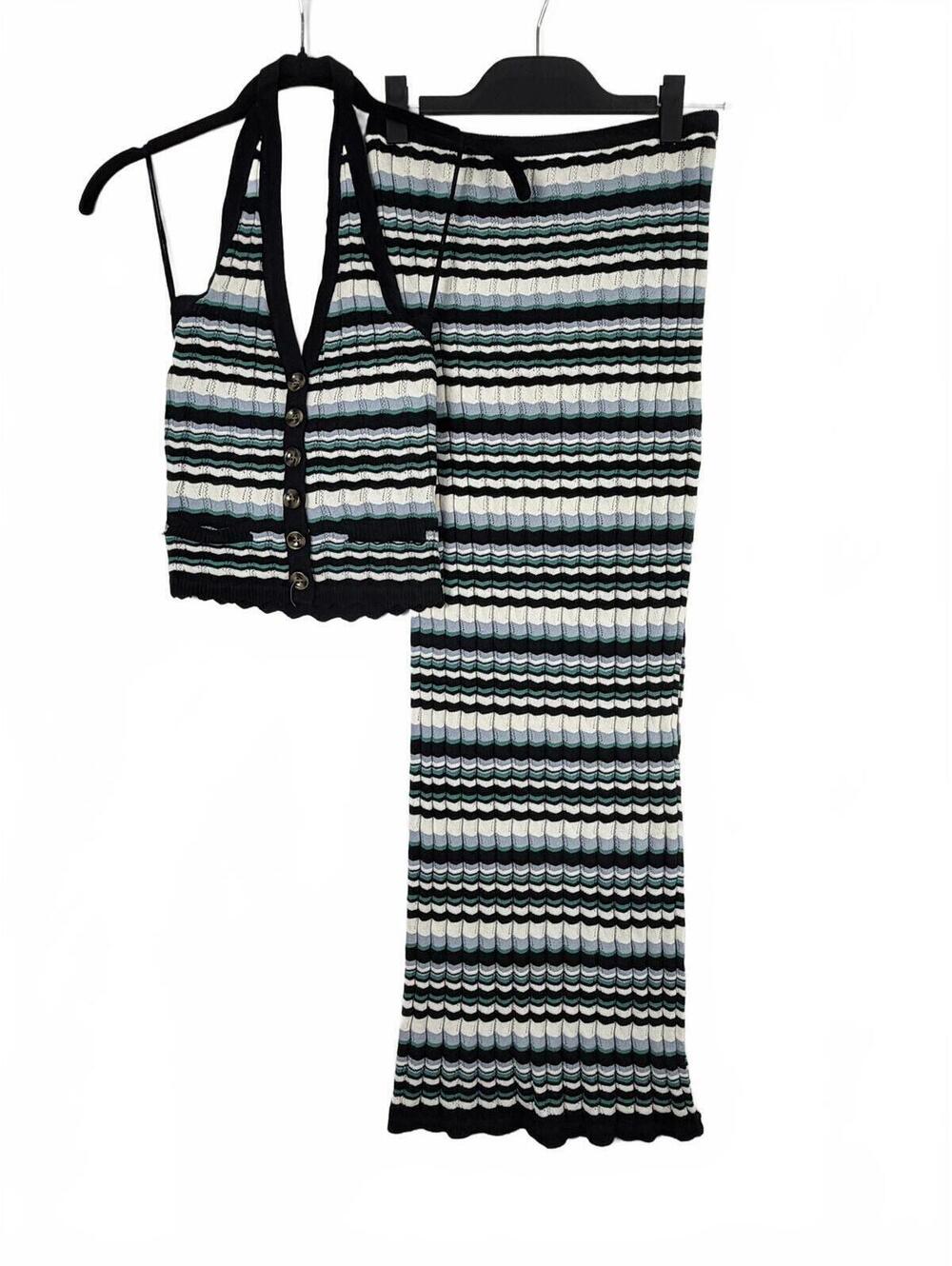 HEARTLOOM Marcia Knit Striped Set 2 Piece Halter Top Thigh Slit Maxi Skirt XS